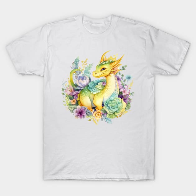 Cute Spring Flower Dragon Watercolor T-Shirt by Fledermaus Studio